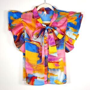 TRUTH Abstract Print Tie Neck Flutter Sleeve Blouse Multicolor M Avant Garde